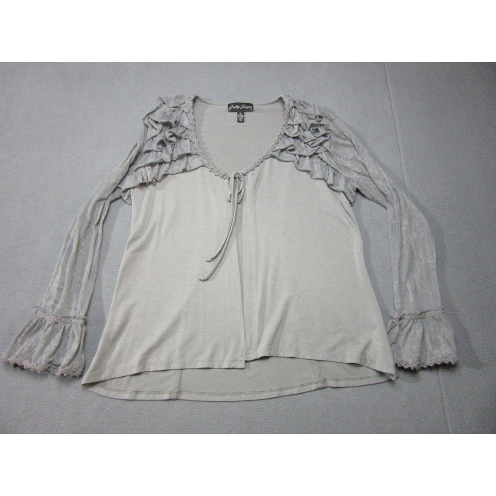 Gretty Zueger Top Womens XL Gray Ruffle Shoulder Lace Trim Bell Sleeve Tie Neck